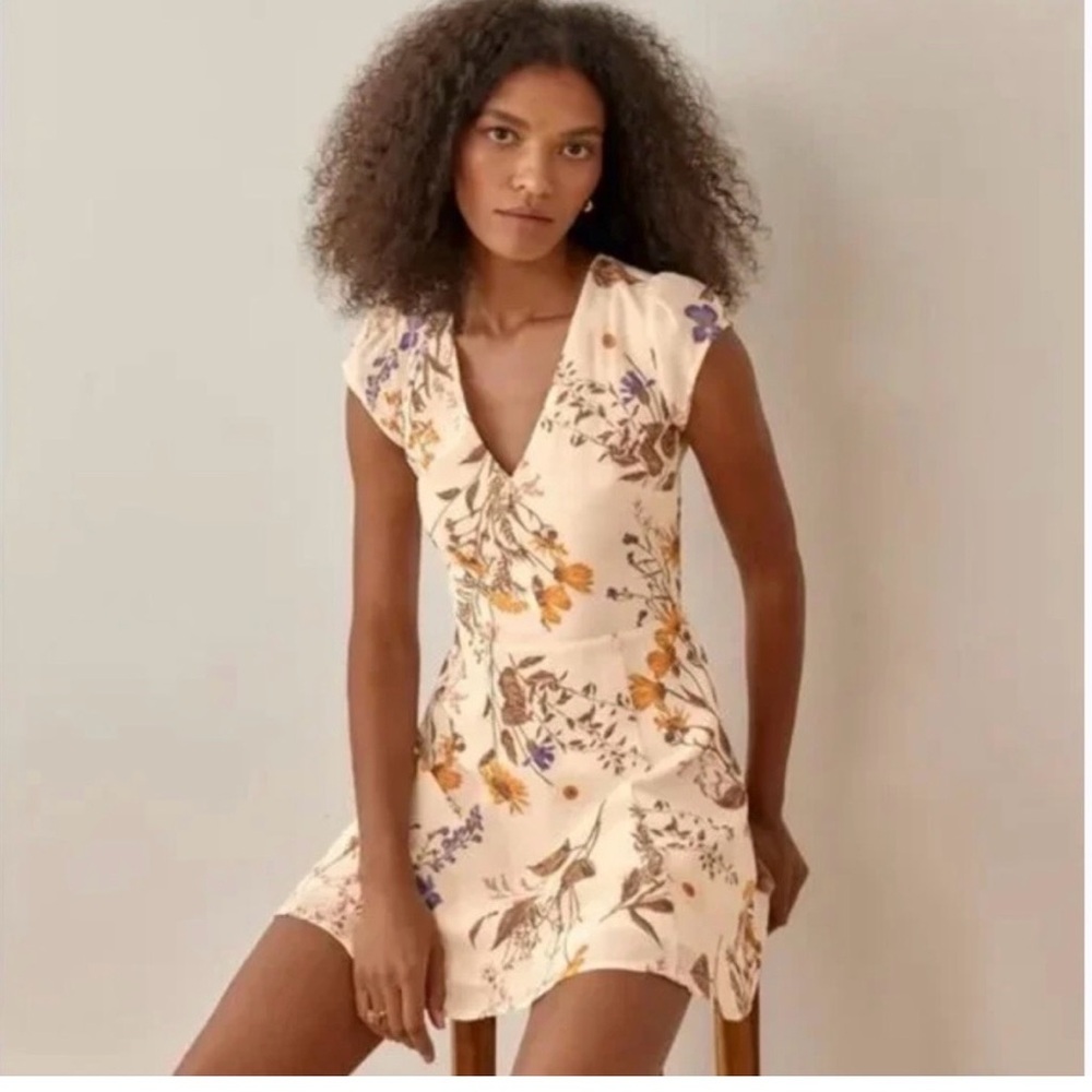 Reformation Deven Floral Print Ruffle Sleeve Dress in Frolic